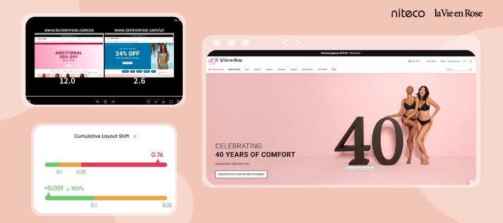 Website performance metrics and homepage of La Vie en Rose celebrating 40 years