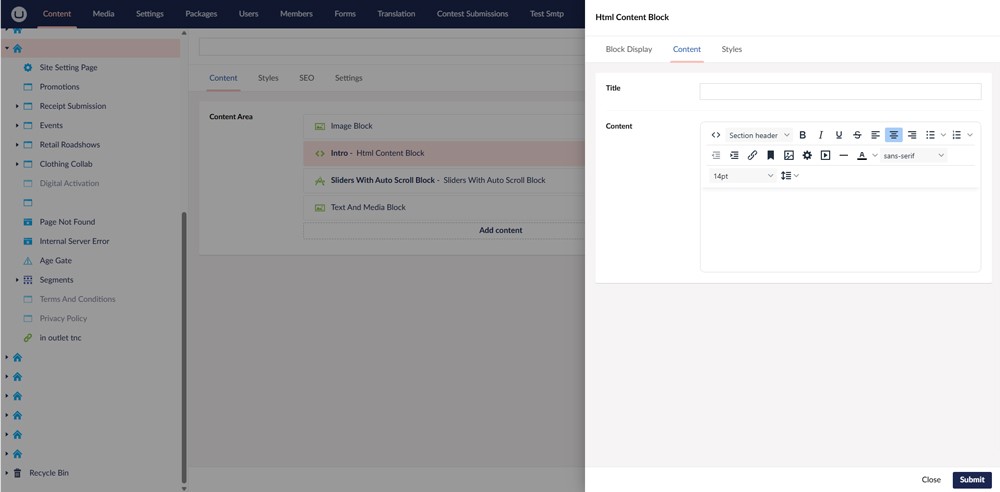 Html Content Block editor open showing content input field and formatting toolbar