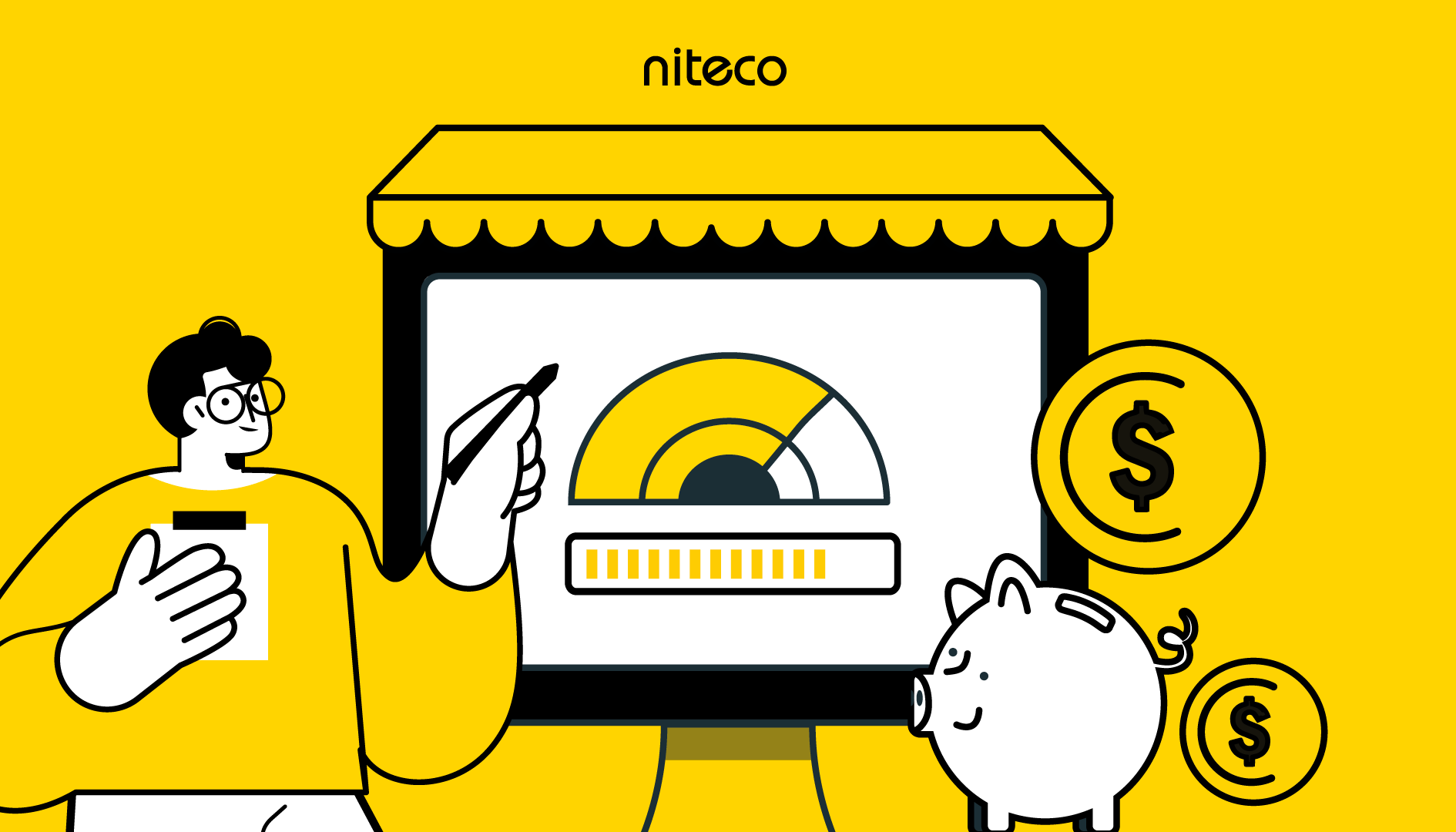 Niteco financial growth chart with piggy bank and dollar coins concept
