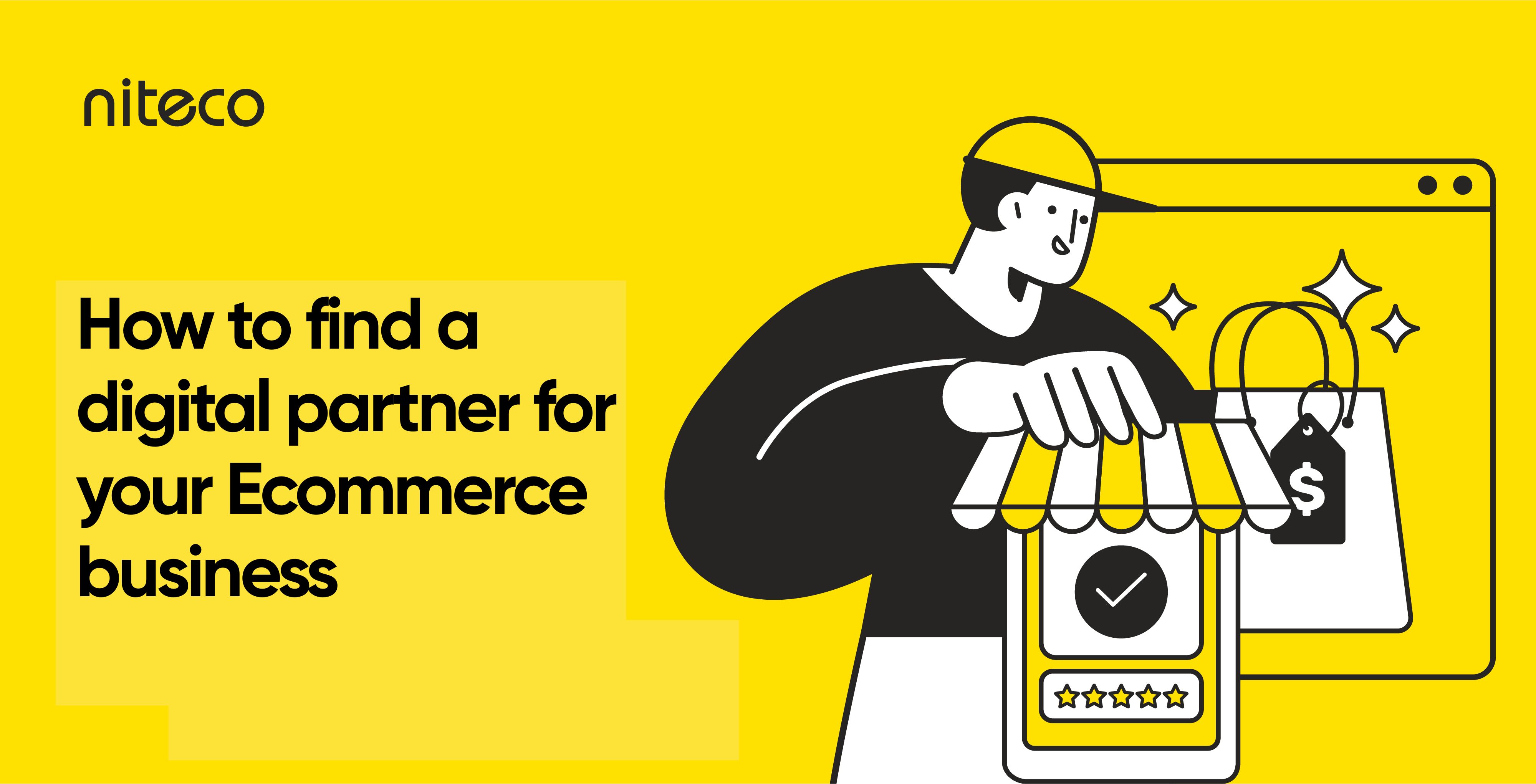 Illustration of a person holding a storefront icon and shopping bags, with text about finding a digital partner for ecomme...