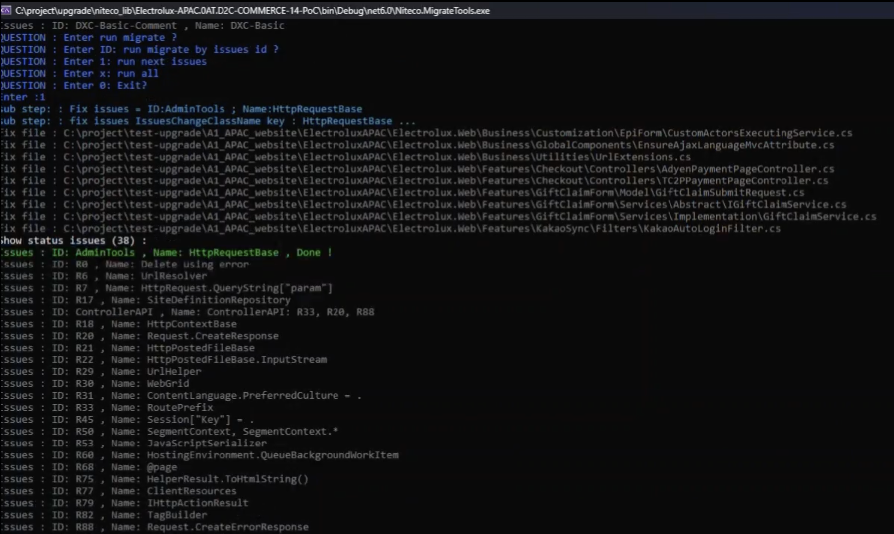 Command line showing HttpRequestBase issue fixed in AdminTools during code migration process