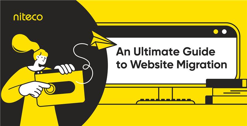 Niteco guide showing website migration concept with paper plane and computer screen