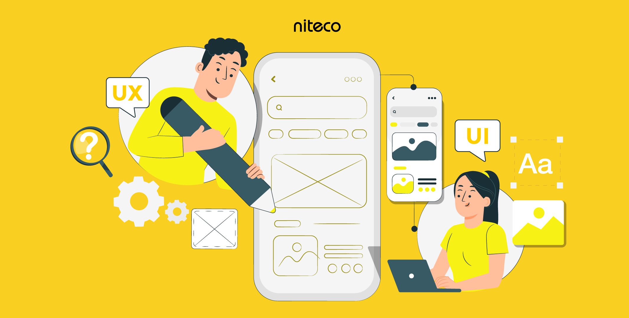UX and UI designers collaborating on app wireframe and interface design concepts.