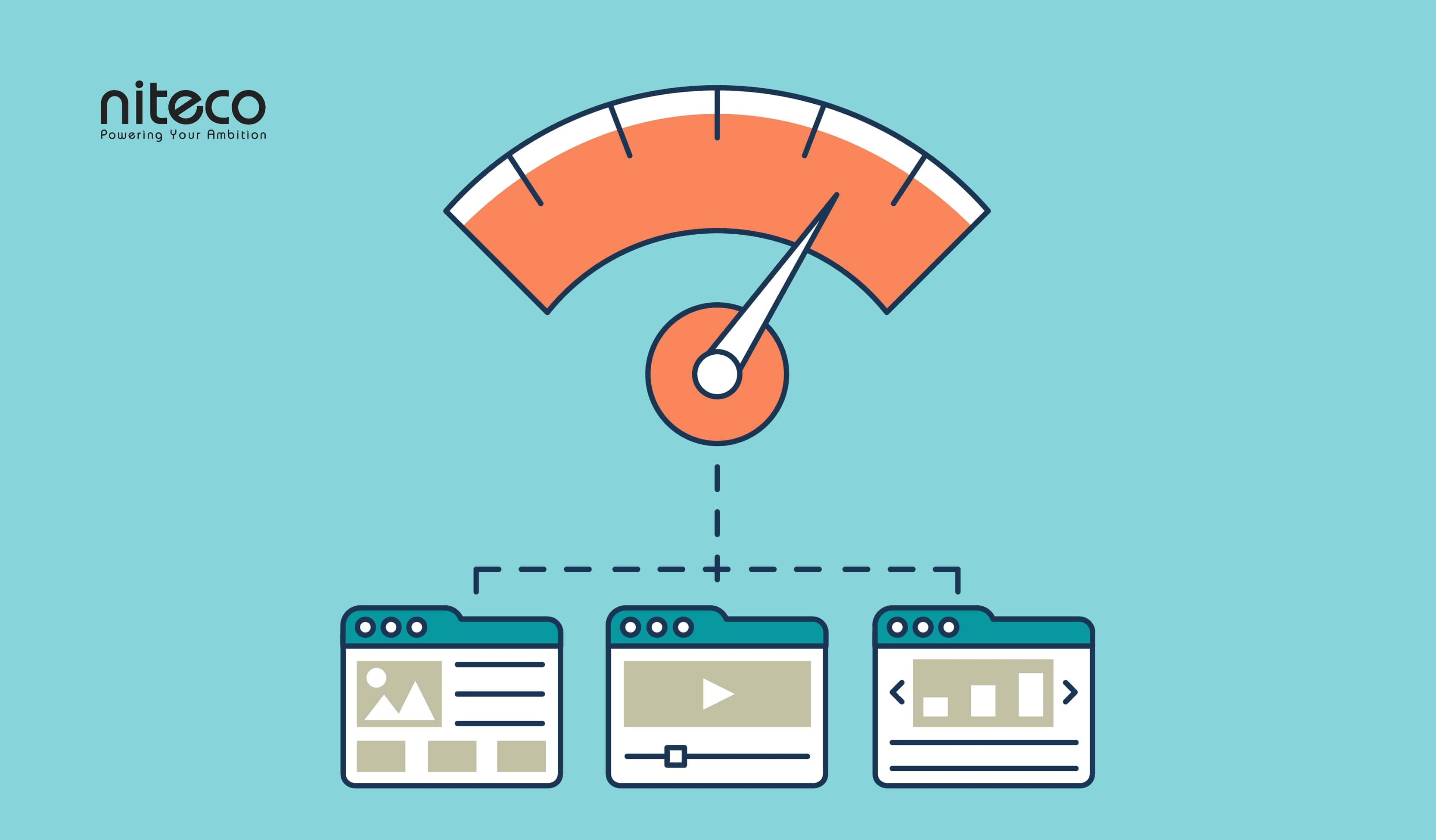 Web performance optimization shown by speed gauge and web pages connected.