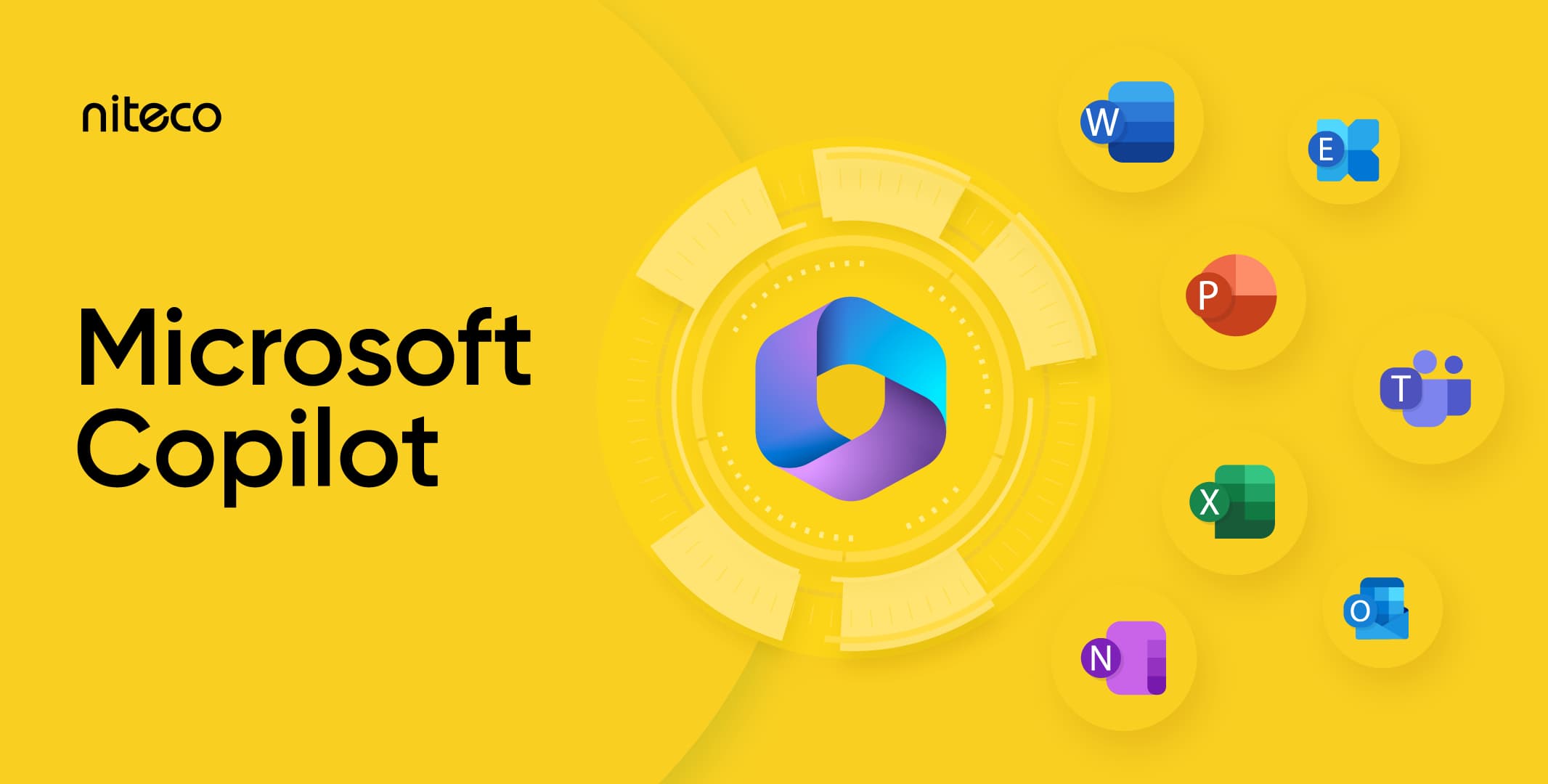 Microsoft Copilot logo surrounded by Microsoft 365 app icons on yellow background