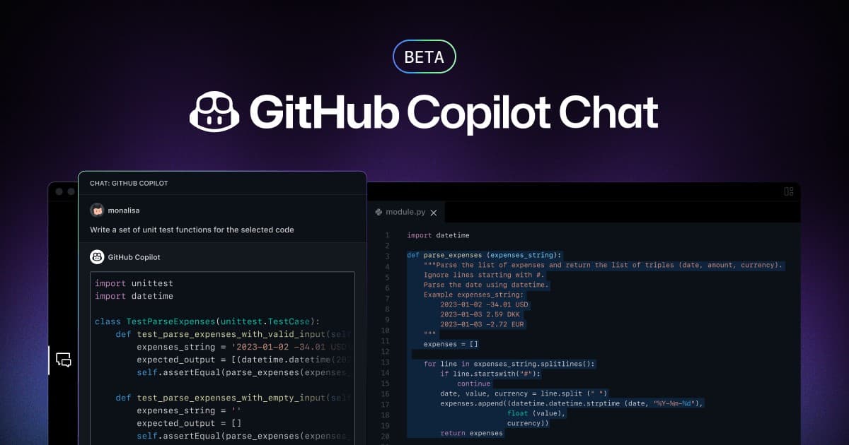 GitHub Copilot Chat beta showing AI-generated Python unit test code and parsing function