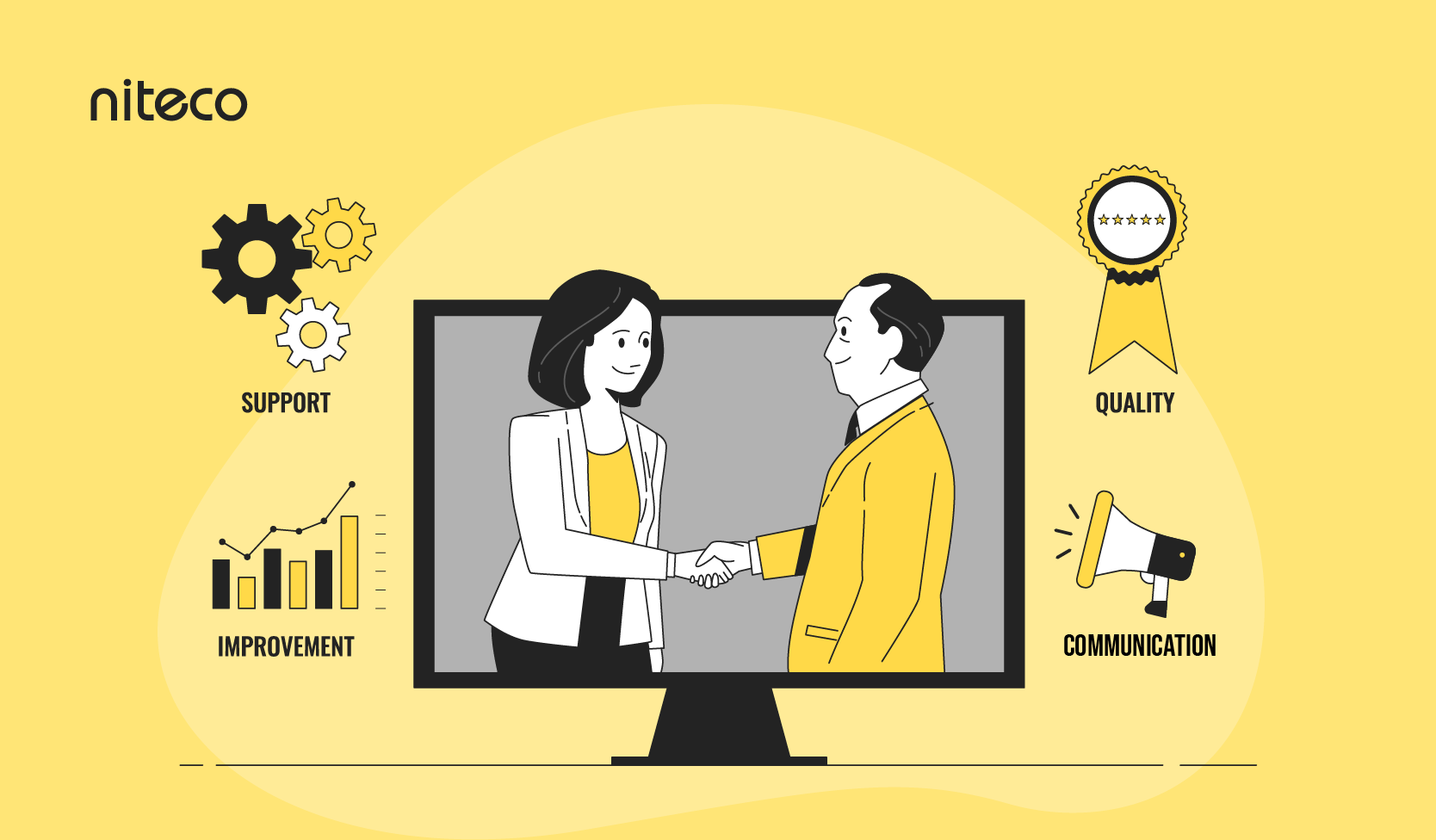 Handshake on screen representing communication, quality, support, and improvement.