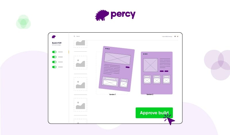 Percy visual testing interface showing website build comparison and approve button