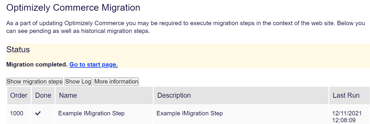 Optimizely Commerce migration status showing completed migration steps and logs