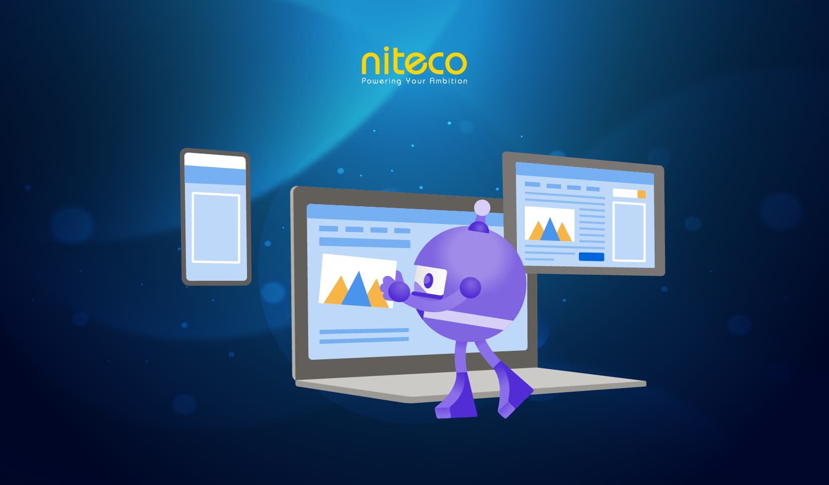 Purple robot interacting with laptop and mobile screens in Niteco Powering Ambition design