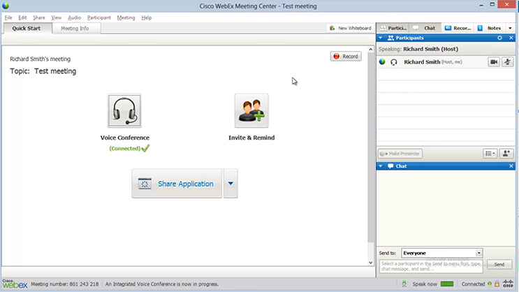 Cisco WebEx Meeting Center interface showing Test meeting topic with voice conference connected and participant options