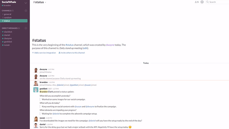 Slack #status channel showing daily stand up meeting updates and team progress.