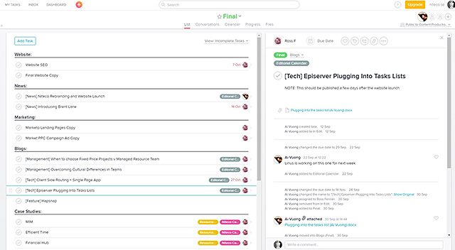 Task dashboard showing editorial calendar and project progress for marketing and SEO