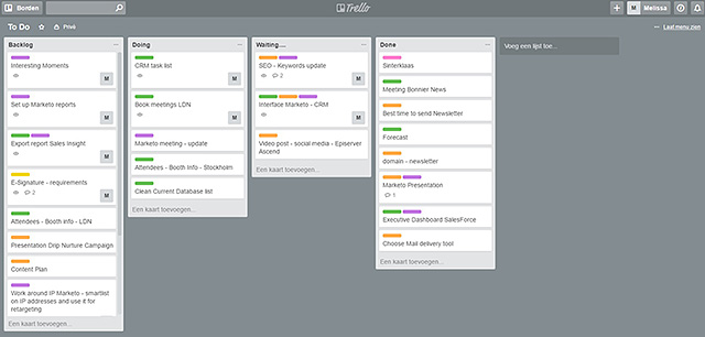 Trello board showing task management with columns Backlog, Doing, Waiting, and Done