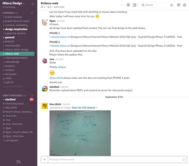 Slack workspace niteco-web channel showing design-inspiration conversation and wireframe sketch.