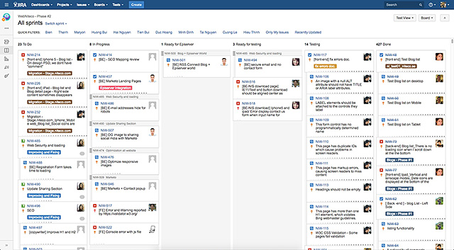 JIRA sprint board showing tasks and statuses for WebRTC blog phase 2 project