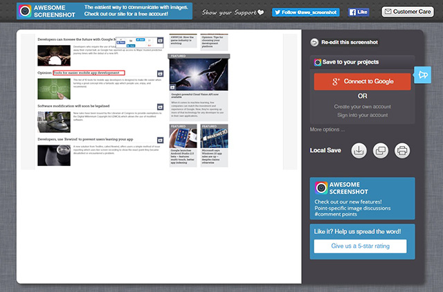 Awesome Screenshot interface highlighting tools for easier mobile app development.