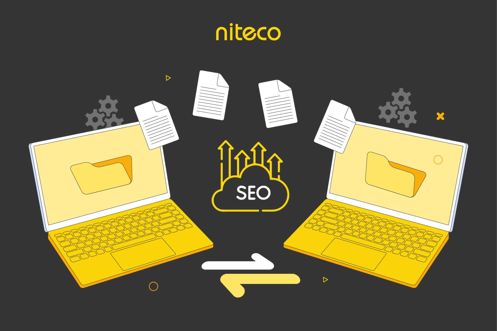 Yellow laptops exchanging files with cloud SEO data and transfer arrows
