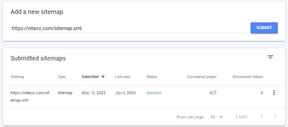 Add new sitemap URL and view submitted sitemaps with status and details