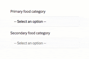 Dropdown menus for selecting primary and secondary food categories