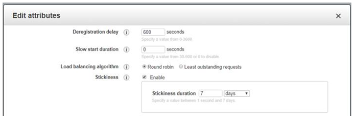 Edit attributes settings panel showing deregistration delay, slow start, load balancing, and stickiness options.