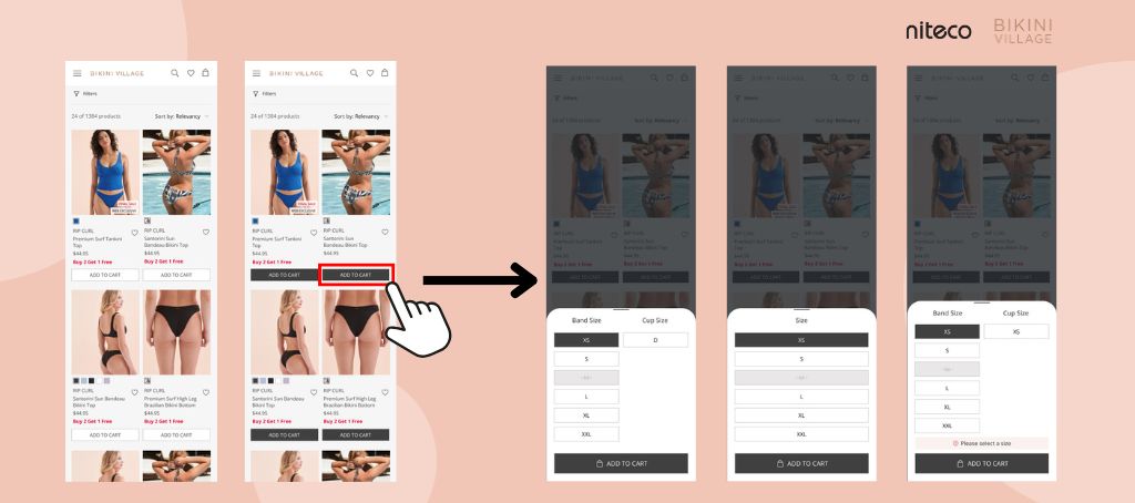 Mobile app interface for selecting bikini sizes and adding items to cart.