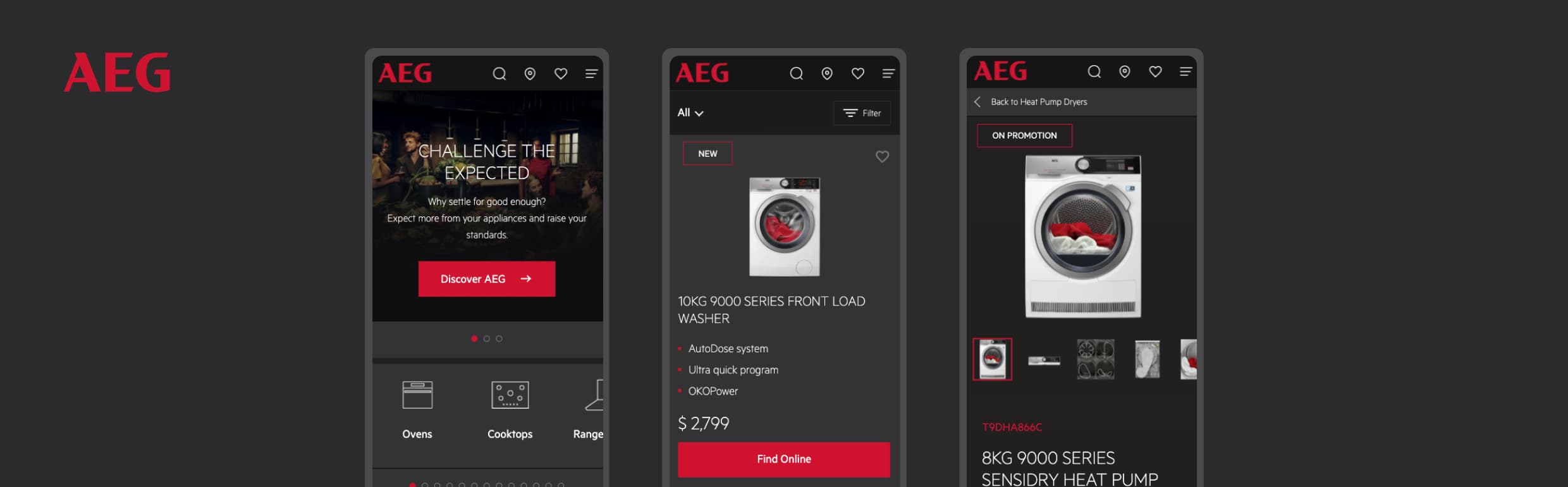 AEG mobile site showing front load washer and heat pump dryer product details and promotion