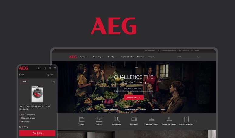 AEG website showcasing laundry appliances and kitchen products interface