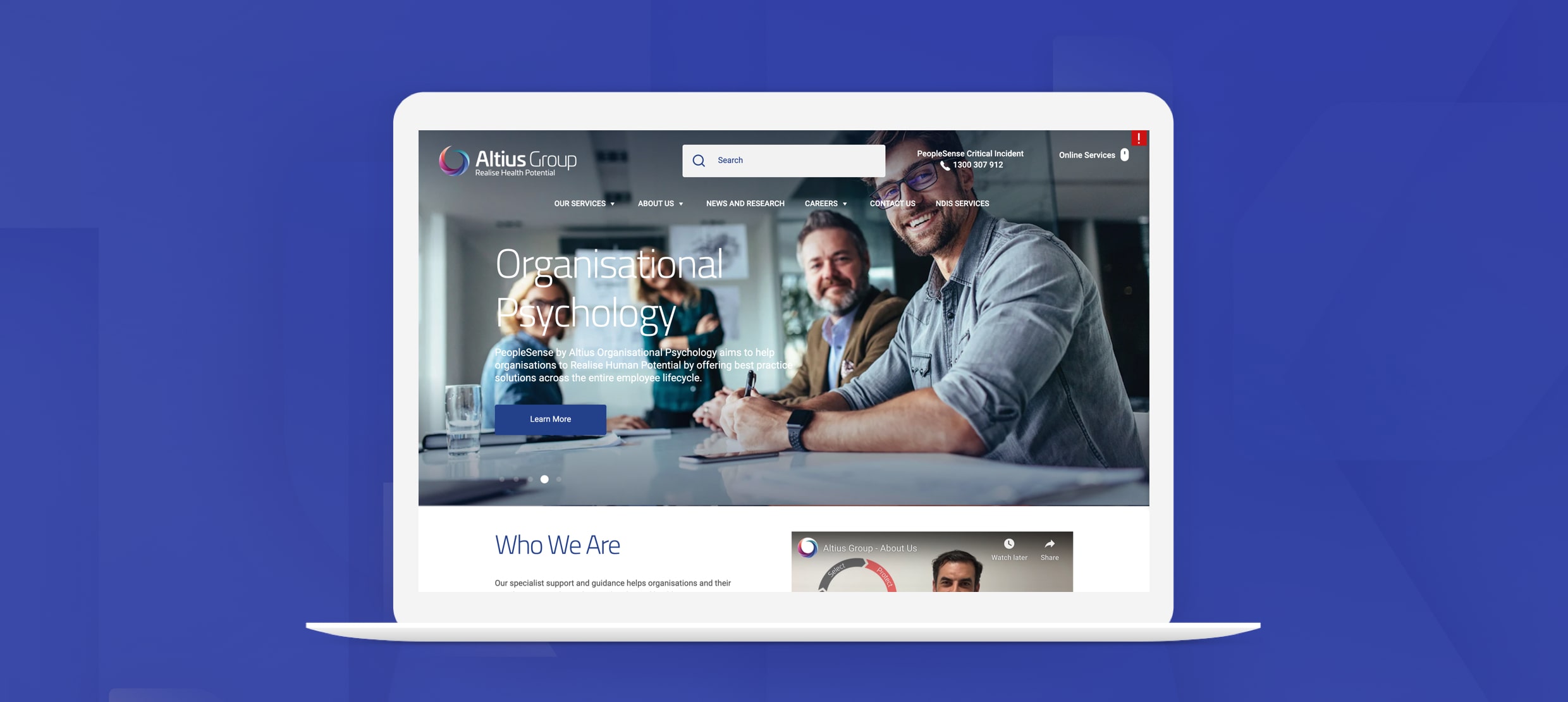 Altius Group website showing Organisational Psychology services and team meeting