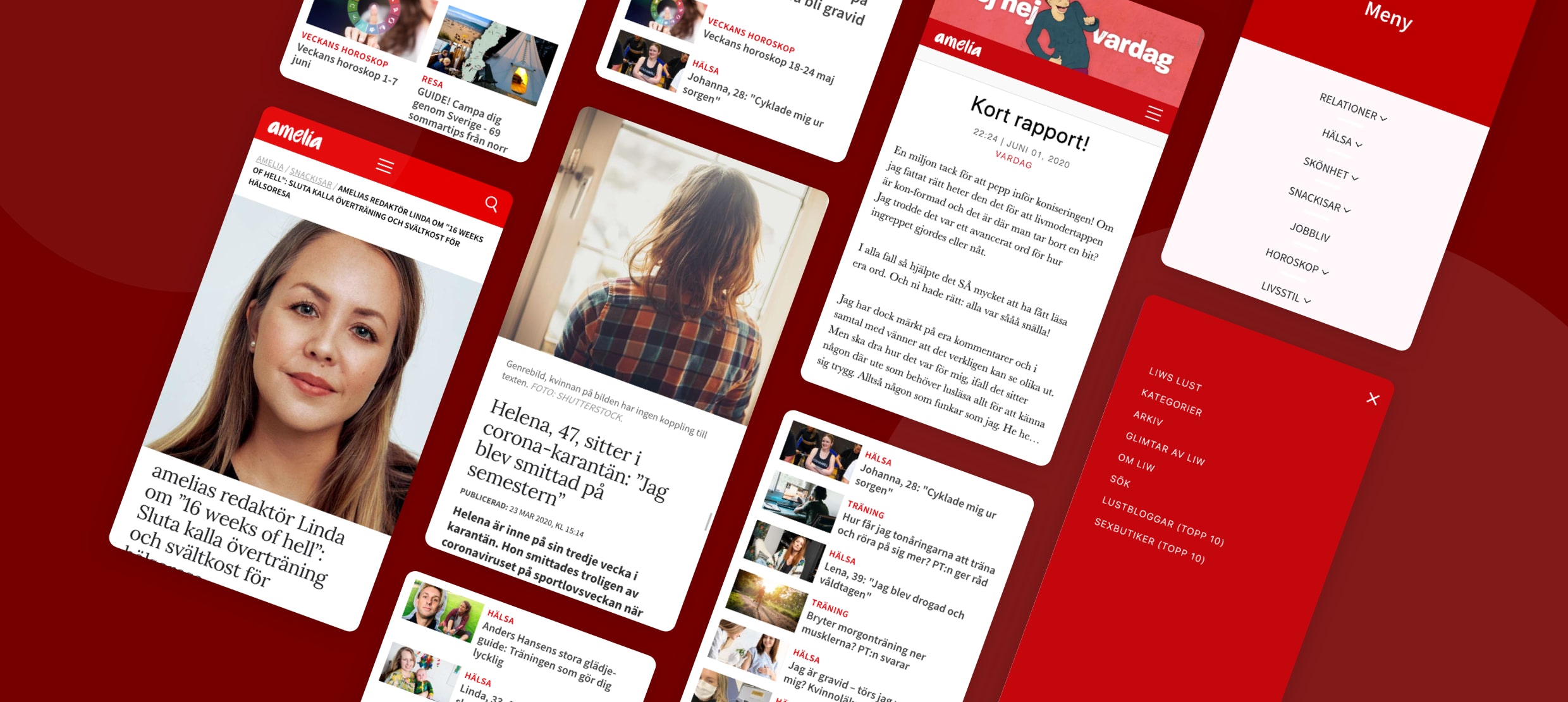 amelia magazine mobile view showing health, horoscopes, and lifestyle articles in Swedish
