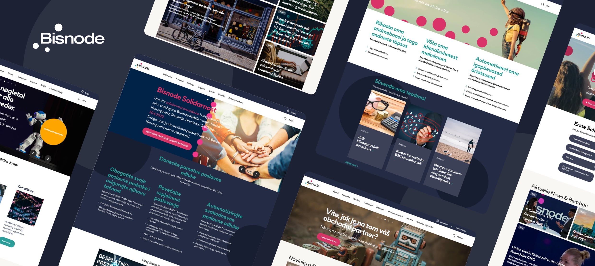 Bisnode website layouts showcasing business data and smart decision solutions