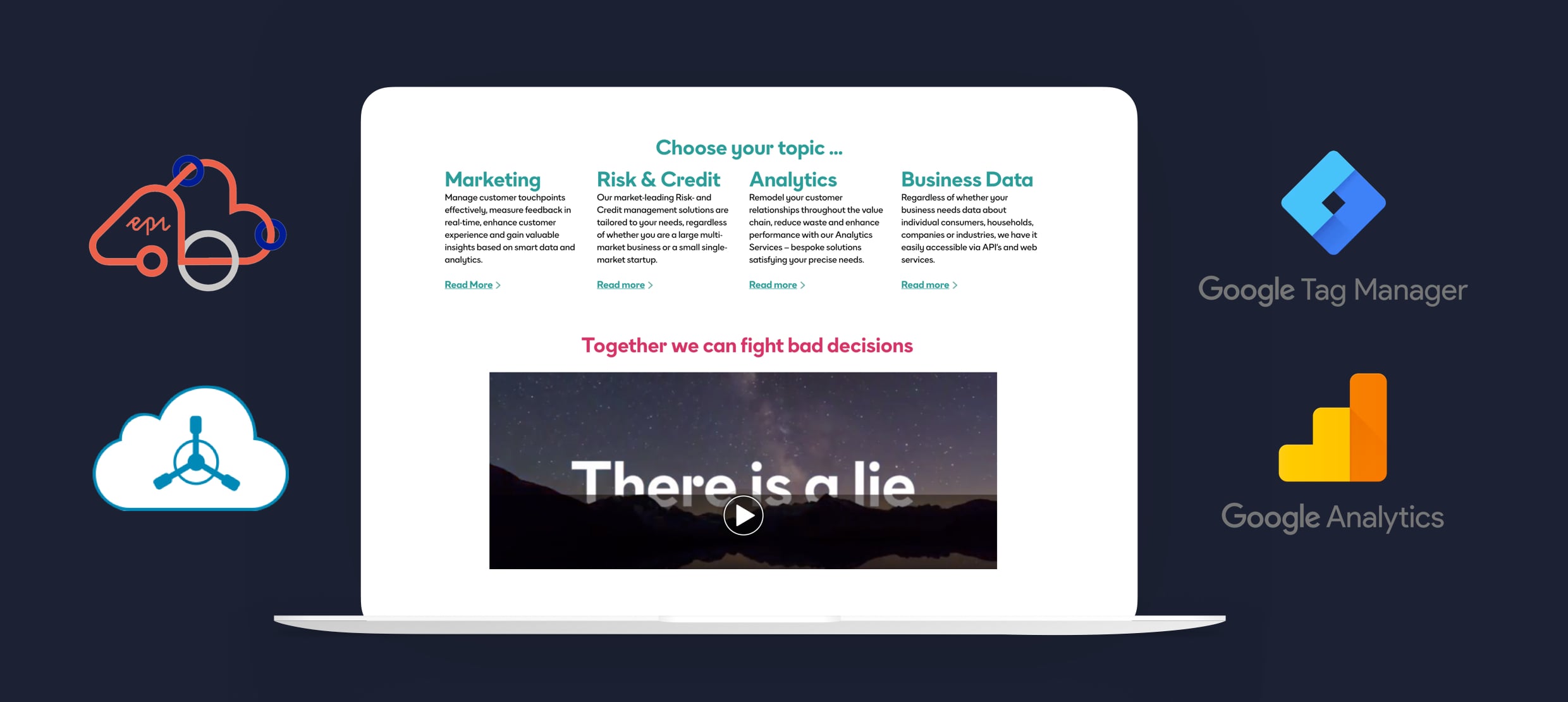 Digital marketing, risk credit, analytics, and business data solutions on laptop screen