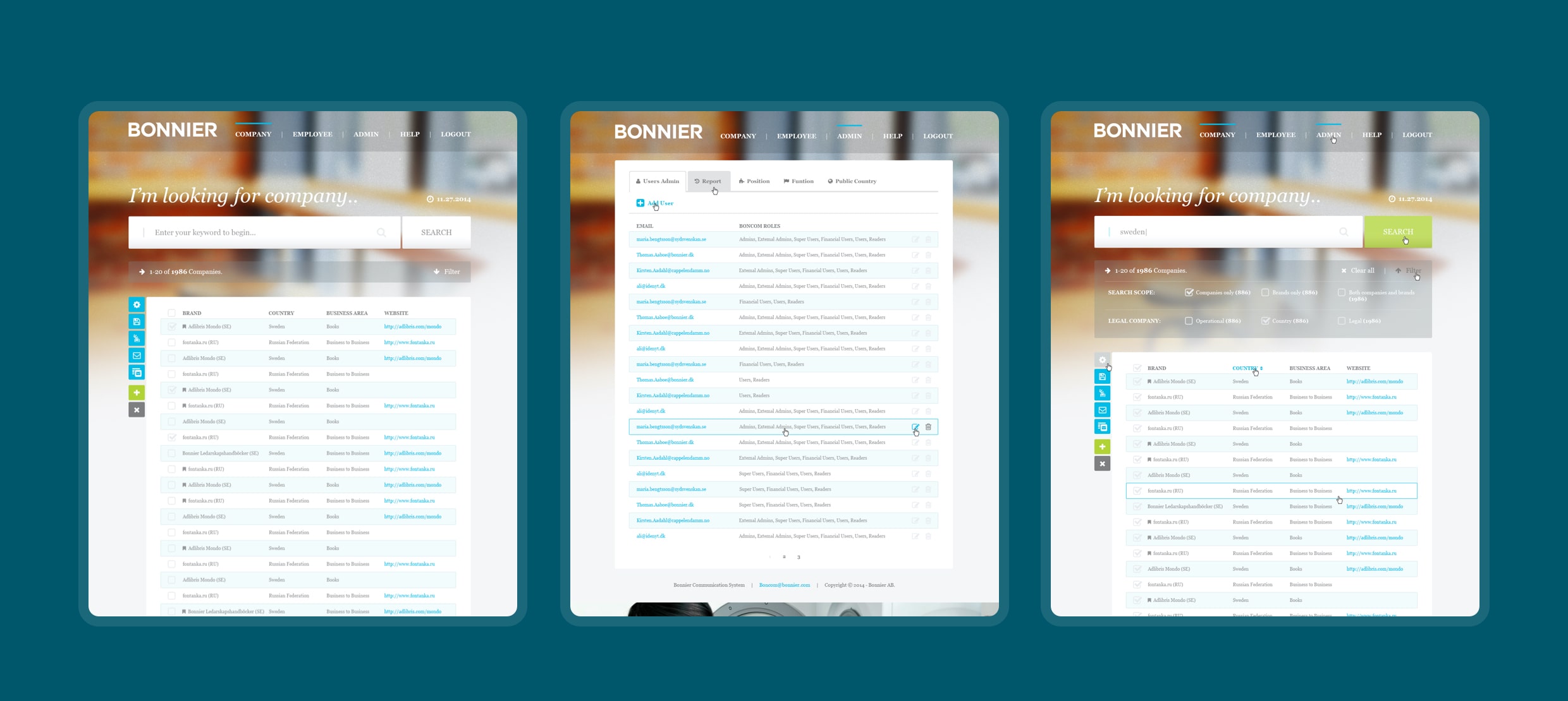 BONNIER admin panel showing company search and user role management screens