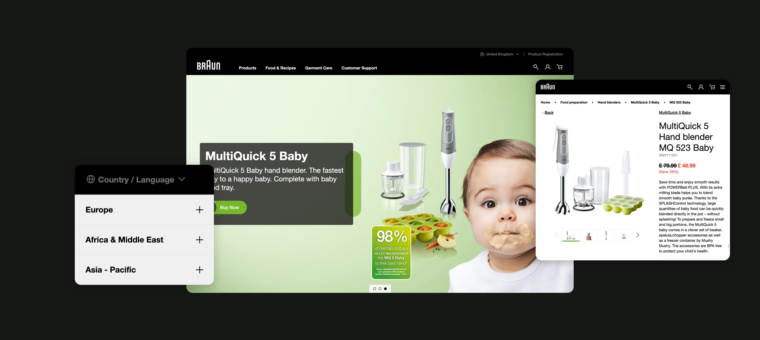 MultiQuick 5 Baby hand blender with accessories and baby food tray shown with toddler