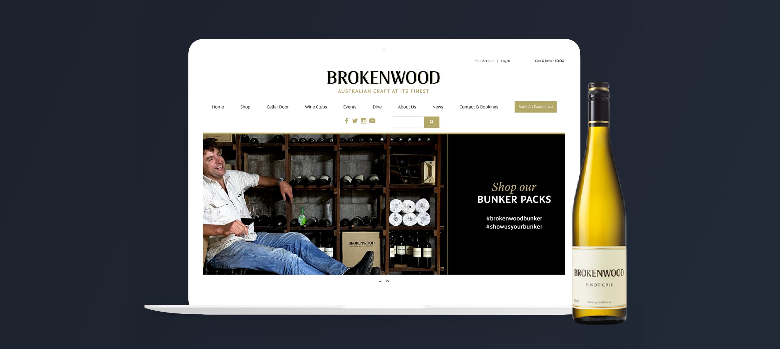 Brokenwood wine cellar with man relaxing and promoting Bunker Packs online
