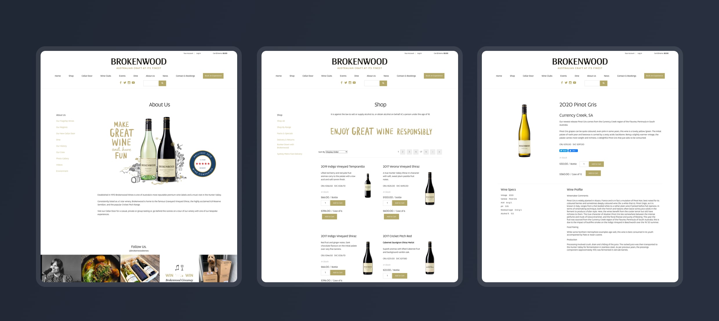 Brokenwood website showing About Us, Shop with wine bottles, and Pinot Gris details pages