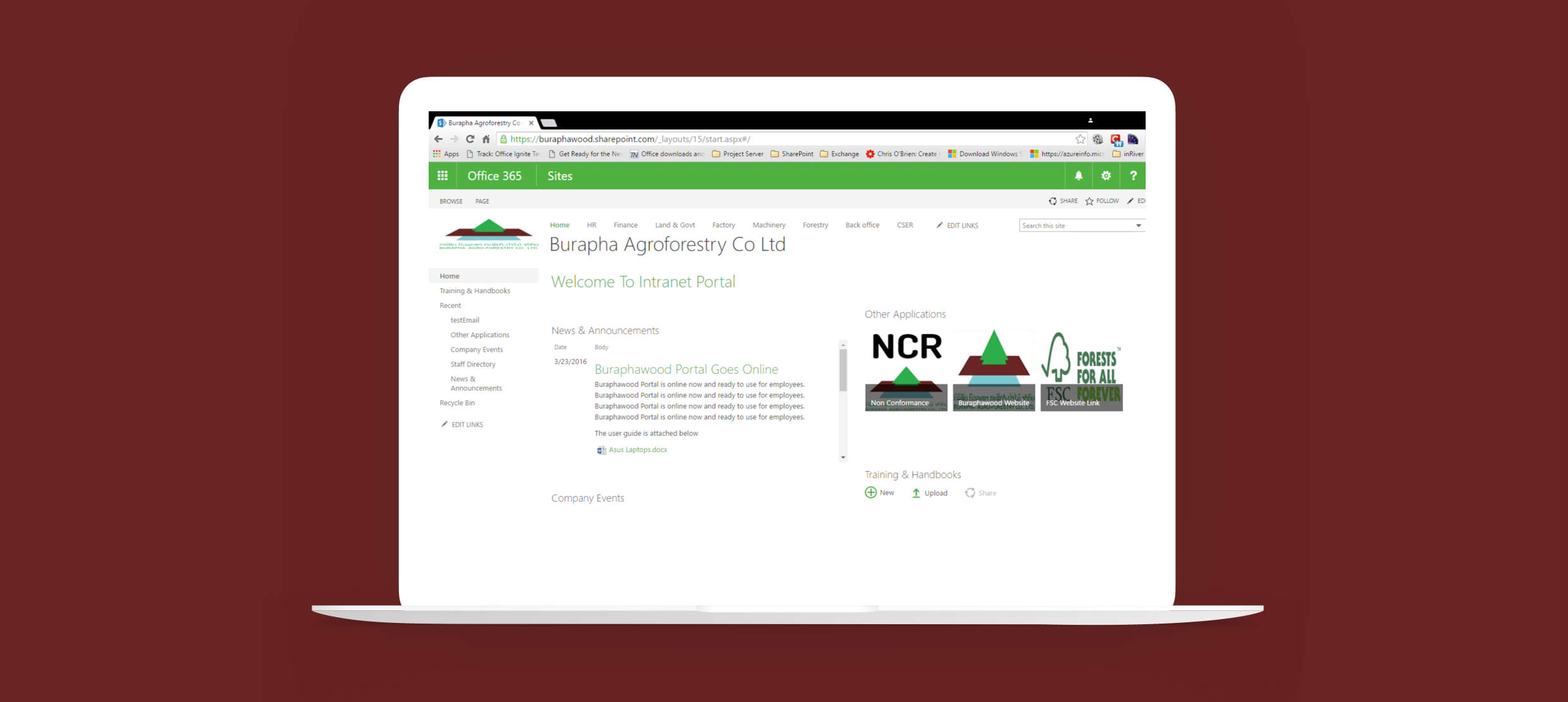Burapha Agroforestry Co Ltd intranet portal homepage on laptop screen