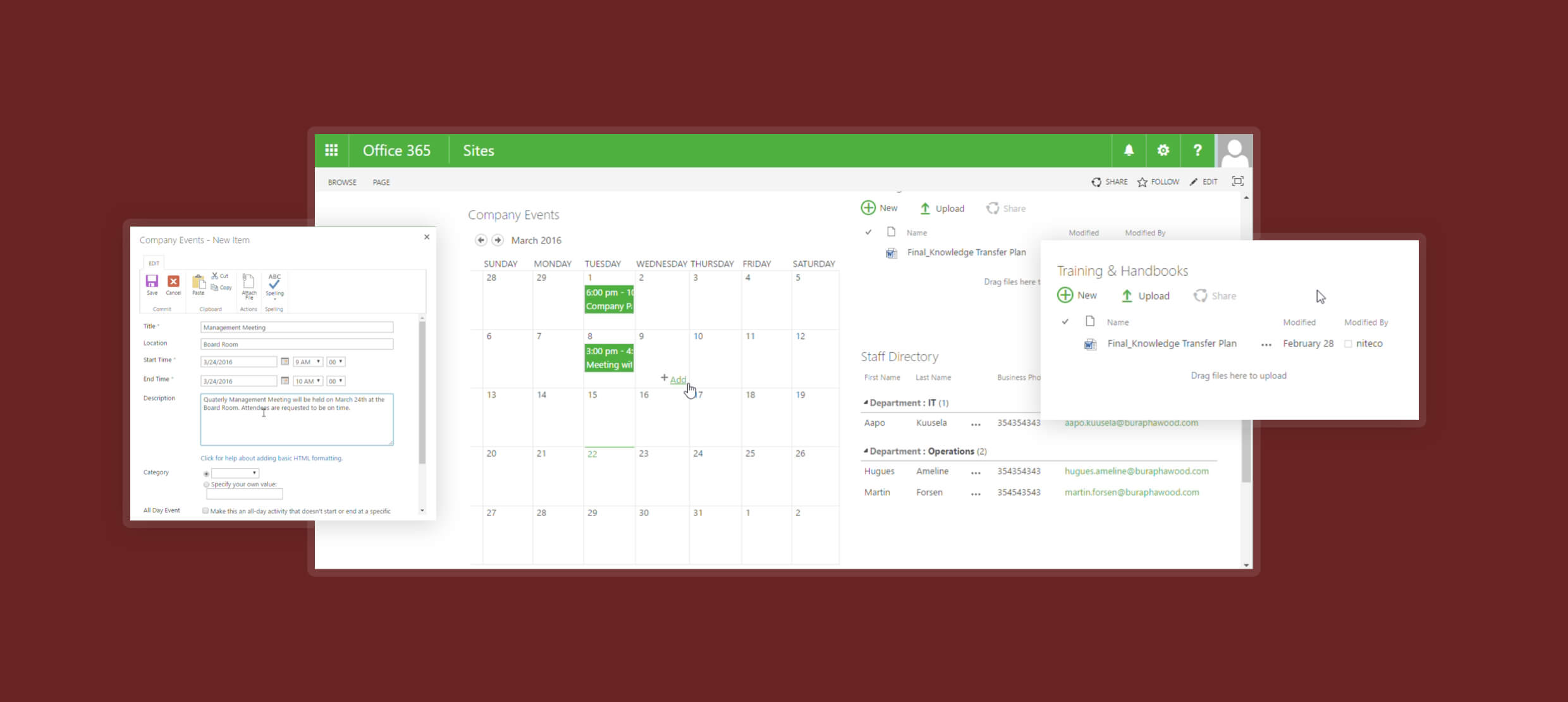 Office 365 Sites calendar with company events, staff directory, and training handbooks