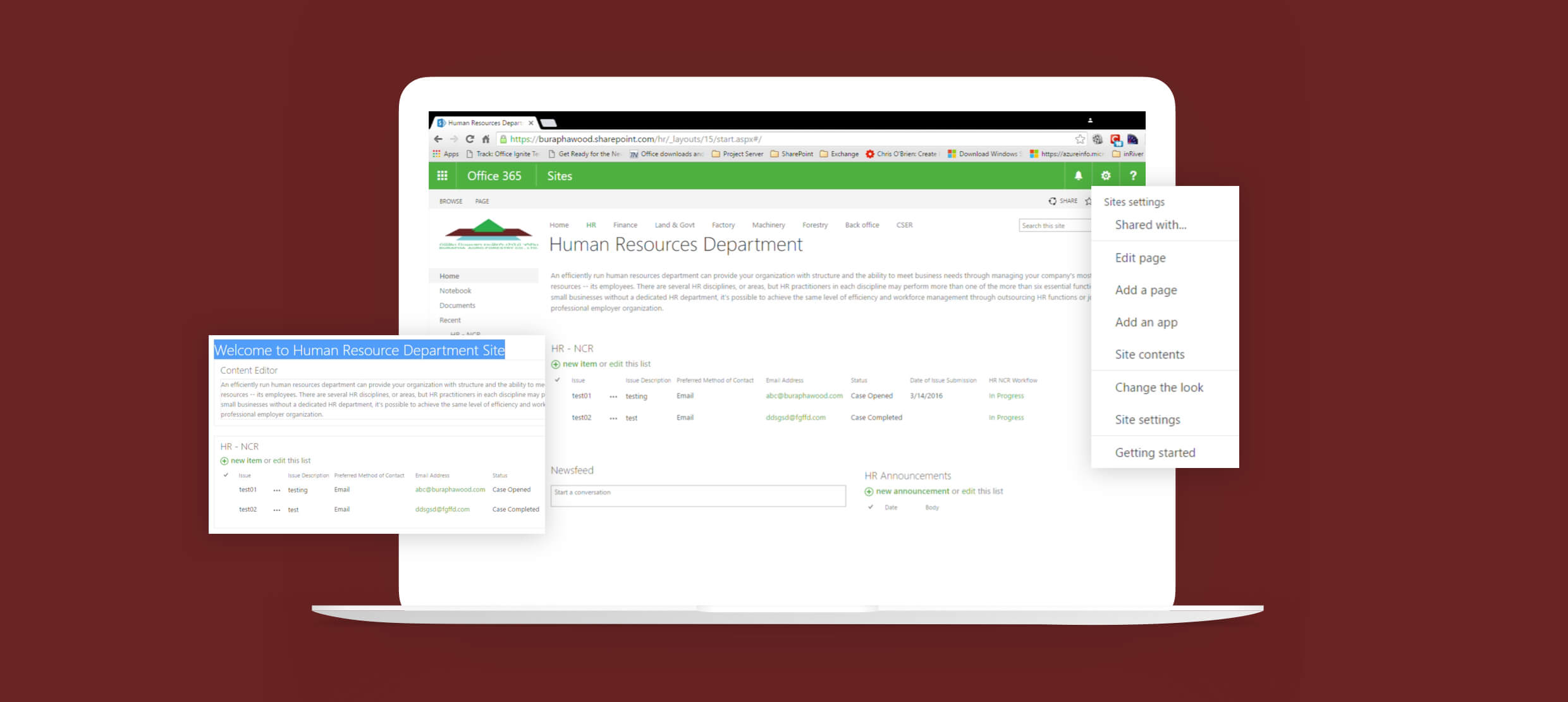 Human Resources Department site interface on Office 365 with list management options