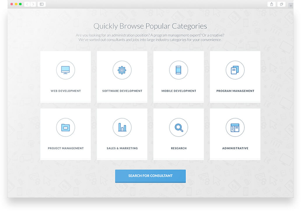 Quickly browse popular categories like web, software, mobile, and program management.