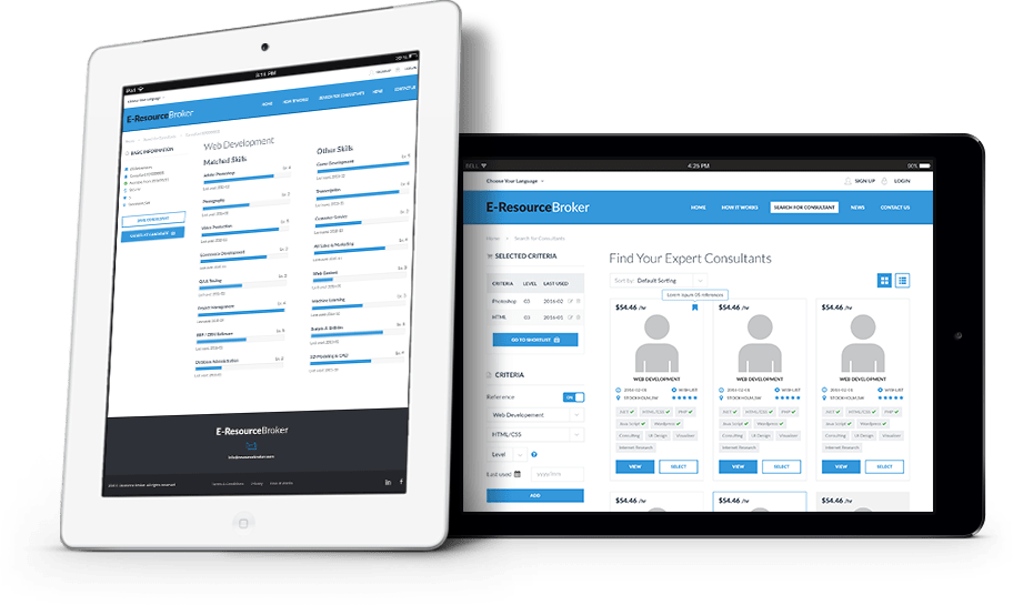 E-Resource Broker platform on tablets showing consultant search and web development skills