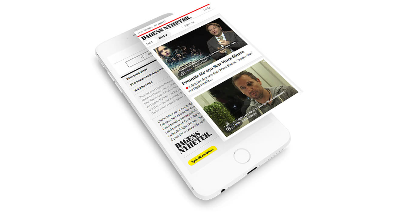 Dagens Nyheter news articles and videos displayed on a white smartphone screen