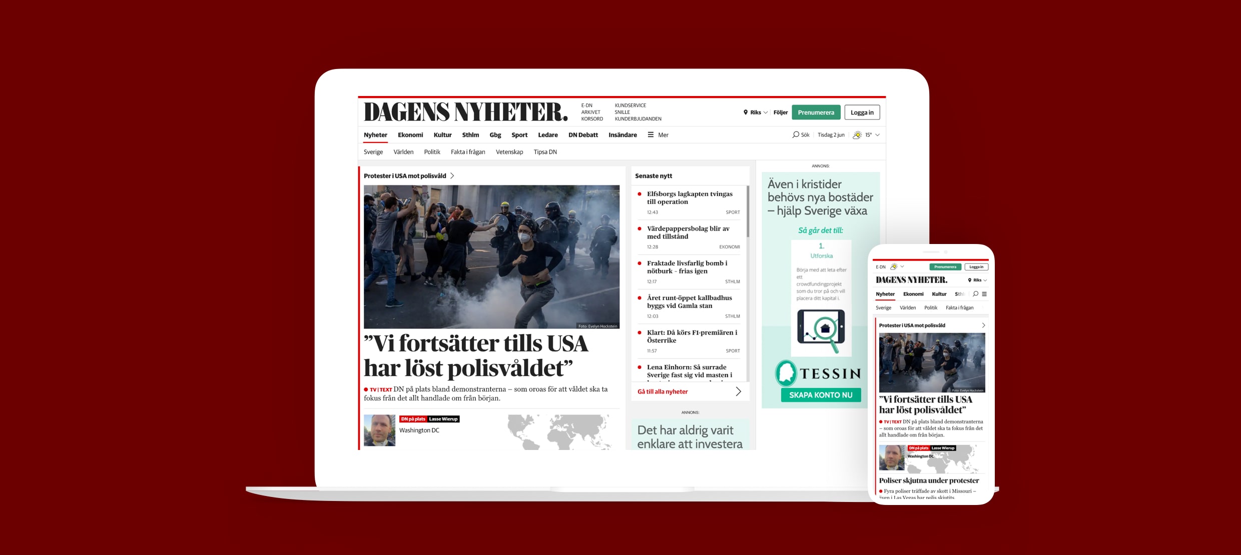 Dagens Nyheter news website showing US police violence protests headline