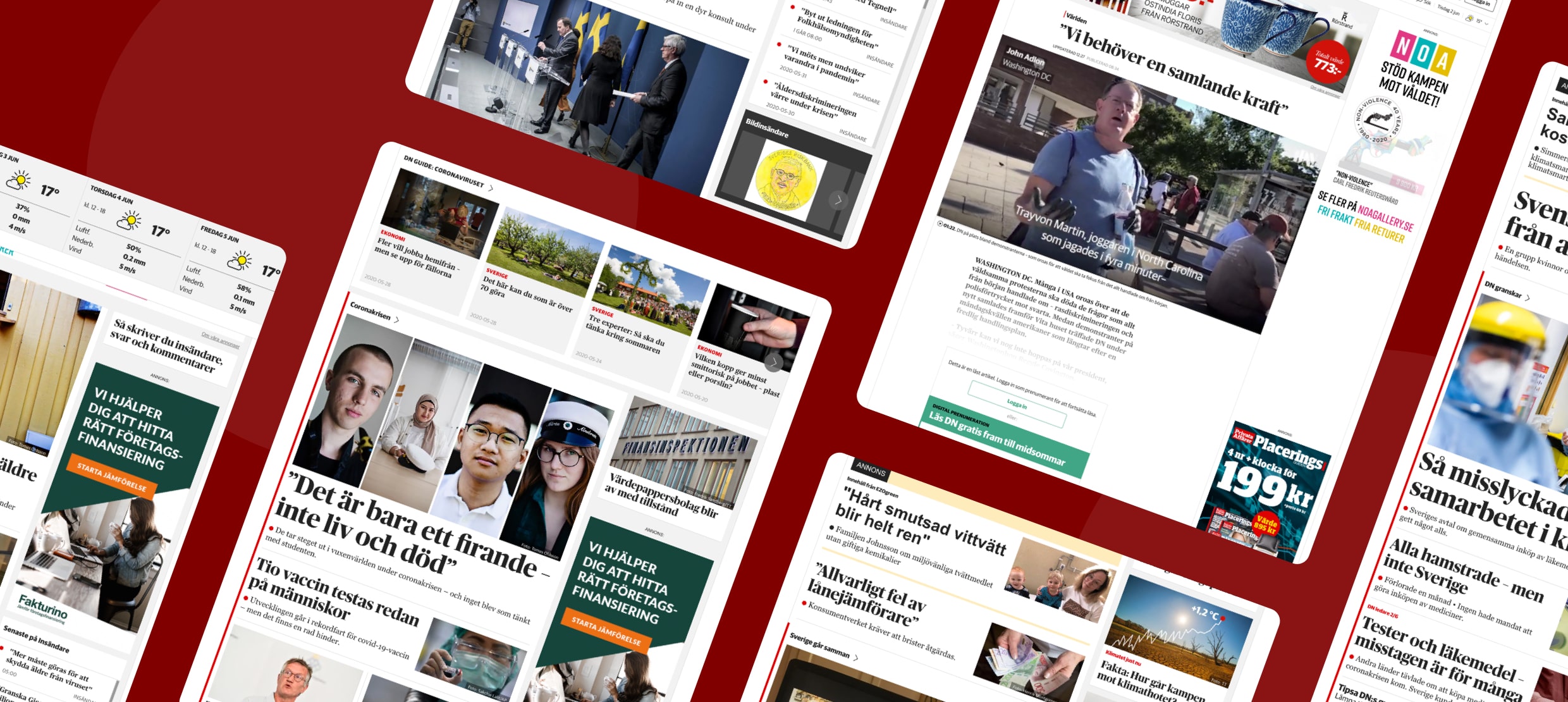 Swedish news headlines on coronavirus vaccine tests and social issues on tablets