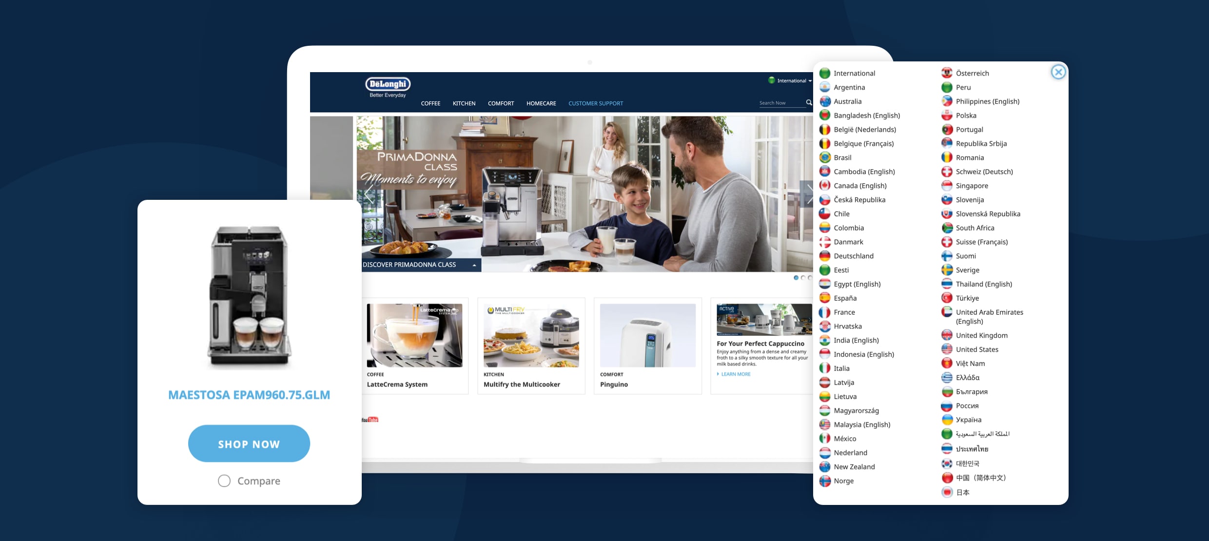 DeLonghi PrimaDonna coffee machine with LatteCrema system on website homepage