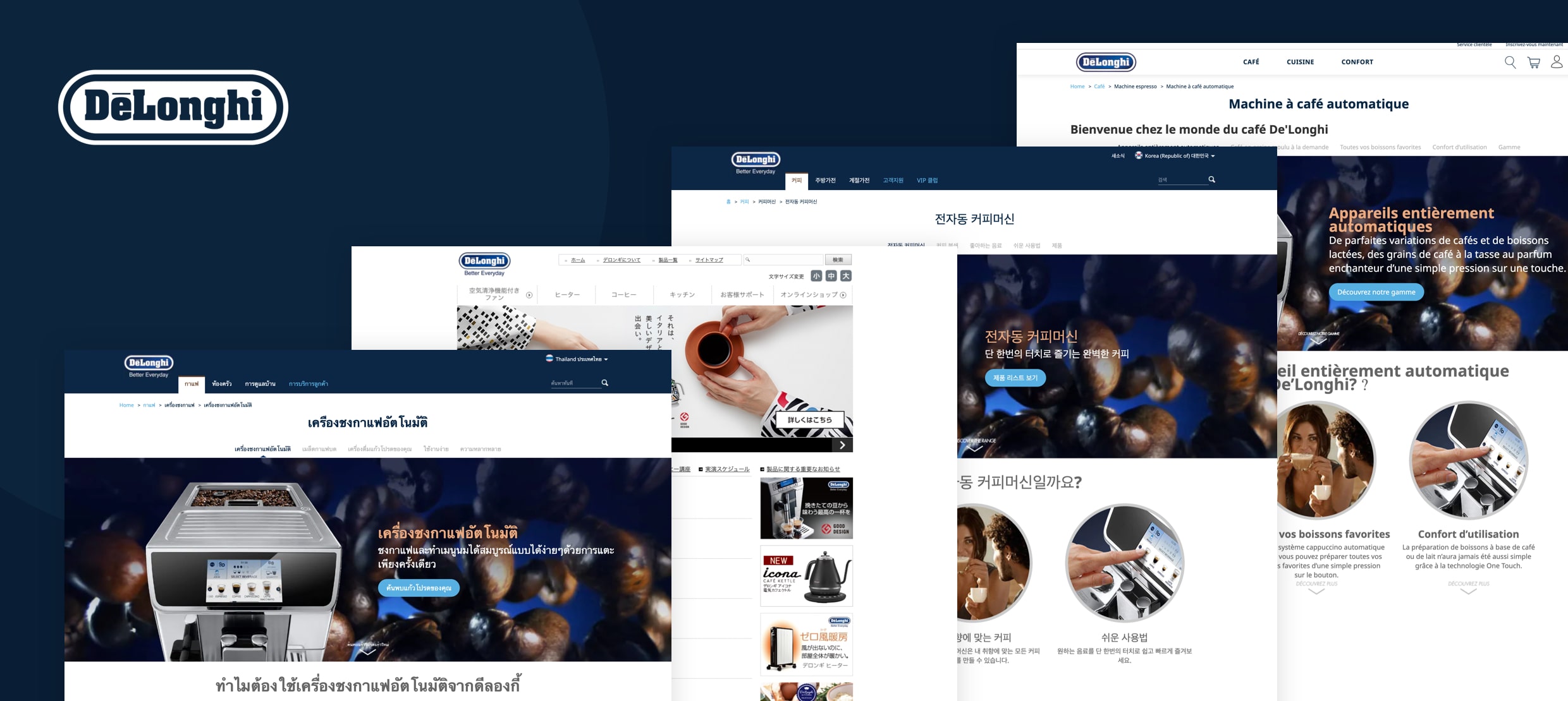 DeLonghi automatic coffee machines with beans and multilingual product pages