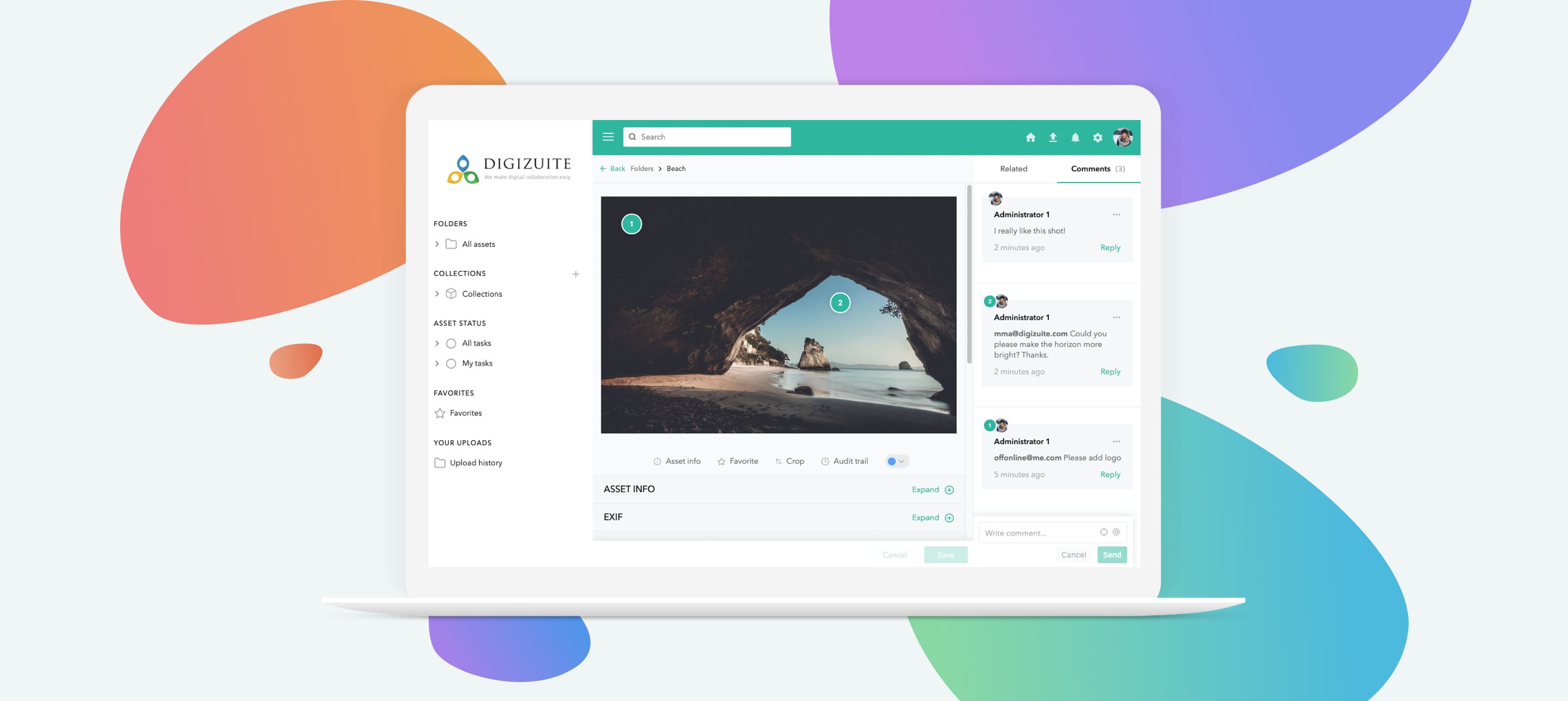 DIGIZUITE digital asset management platform displaying beach photo comments and editing tools