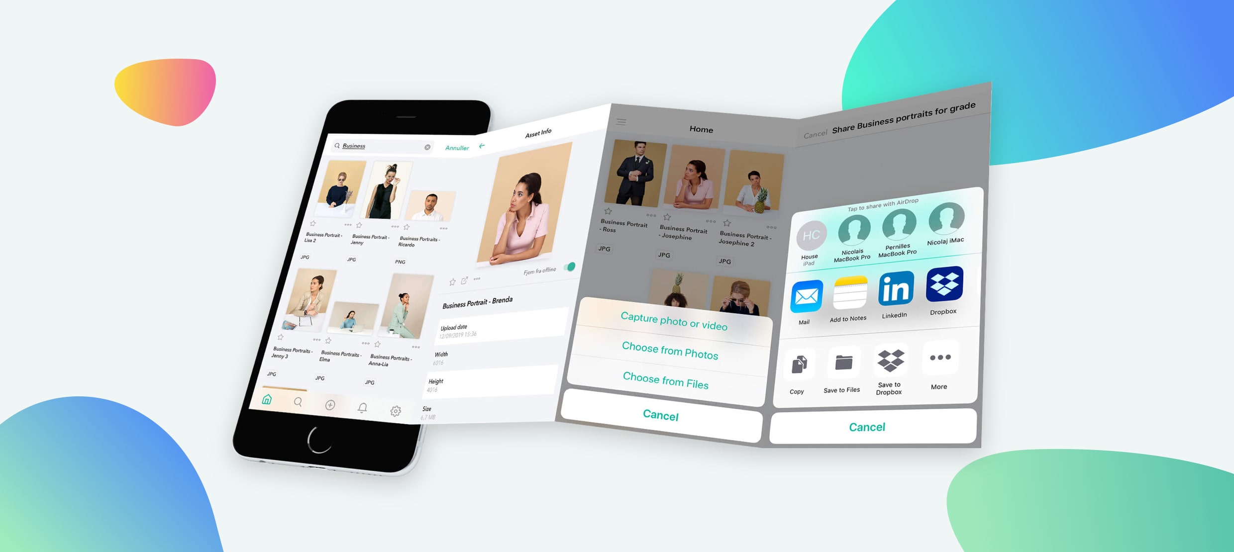 Mobile app interface displaying business portraits and sharing options