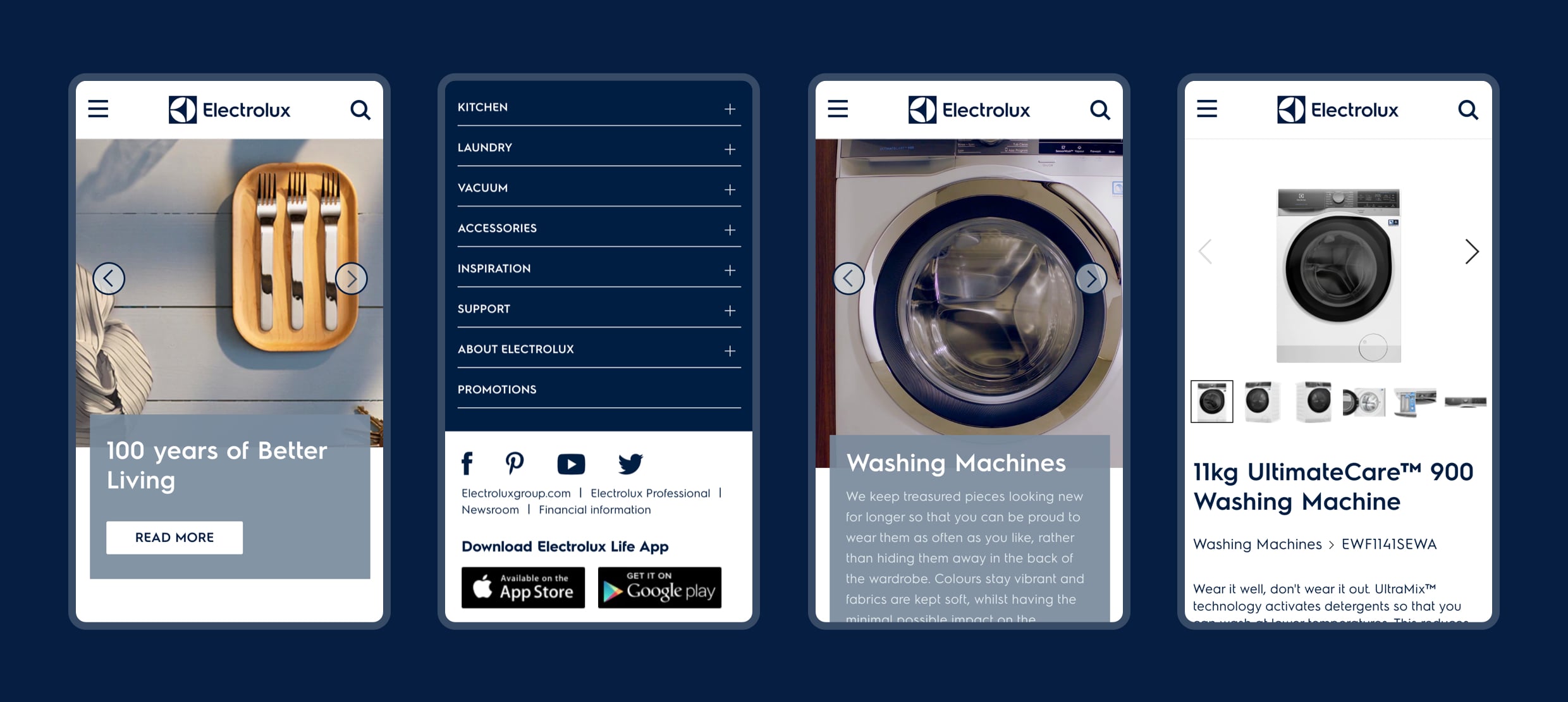 Electrolux mobile interface showcasing washing machines and UltimateCare 900 model.