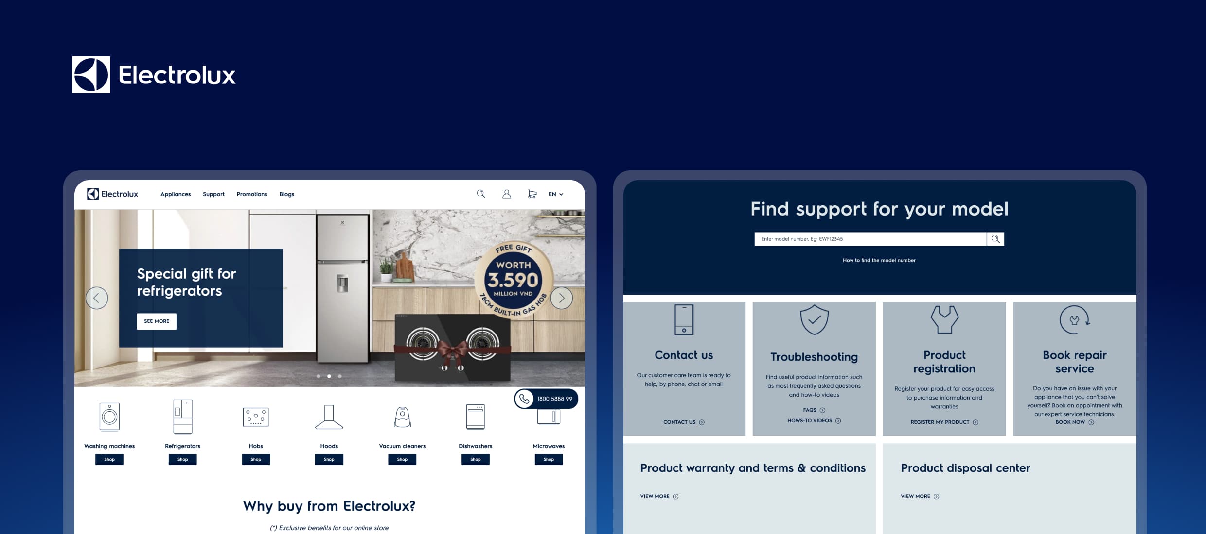 Electrolux support page showing refrigerator promotion and service options